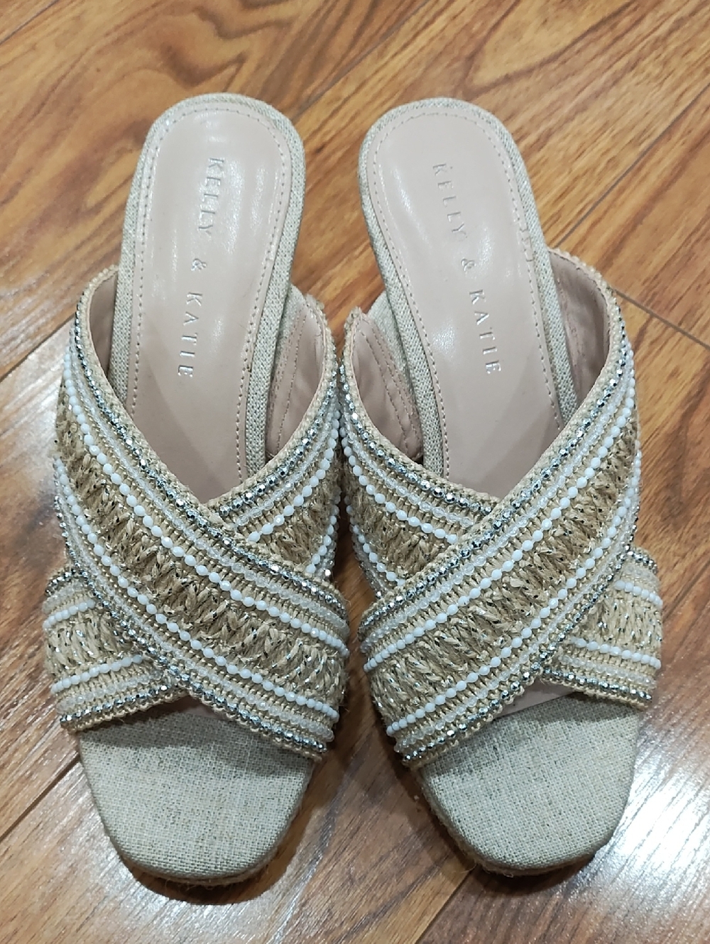 Kelly & Katie Natural Beige Woven Slide Mules with Bead Trim